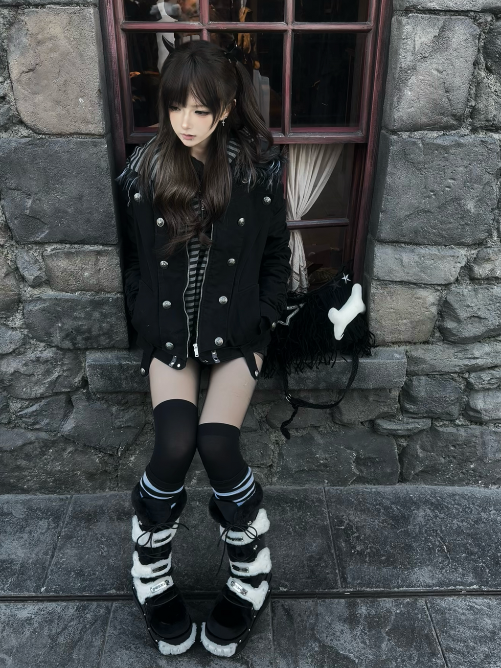 PAIKI Removable Fur Collar Double-breasted Jacket Cotton Jacket