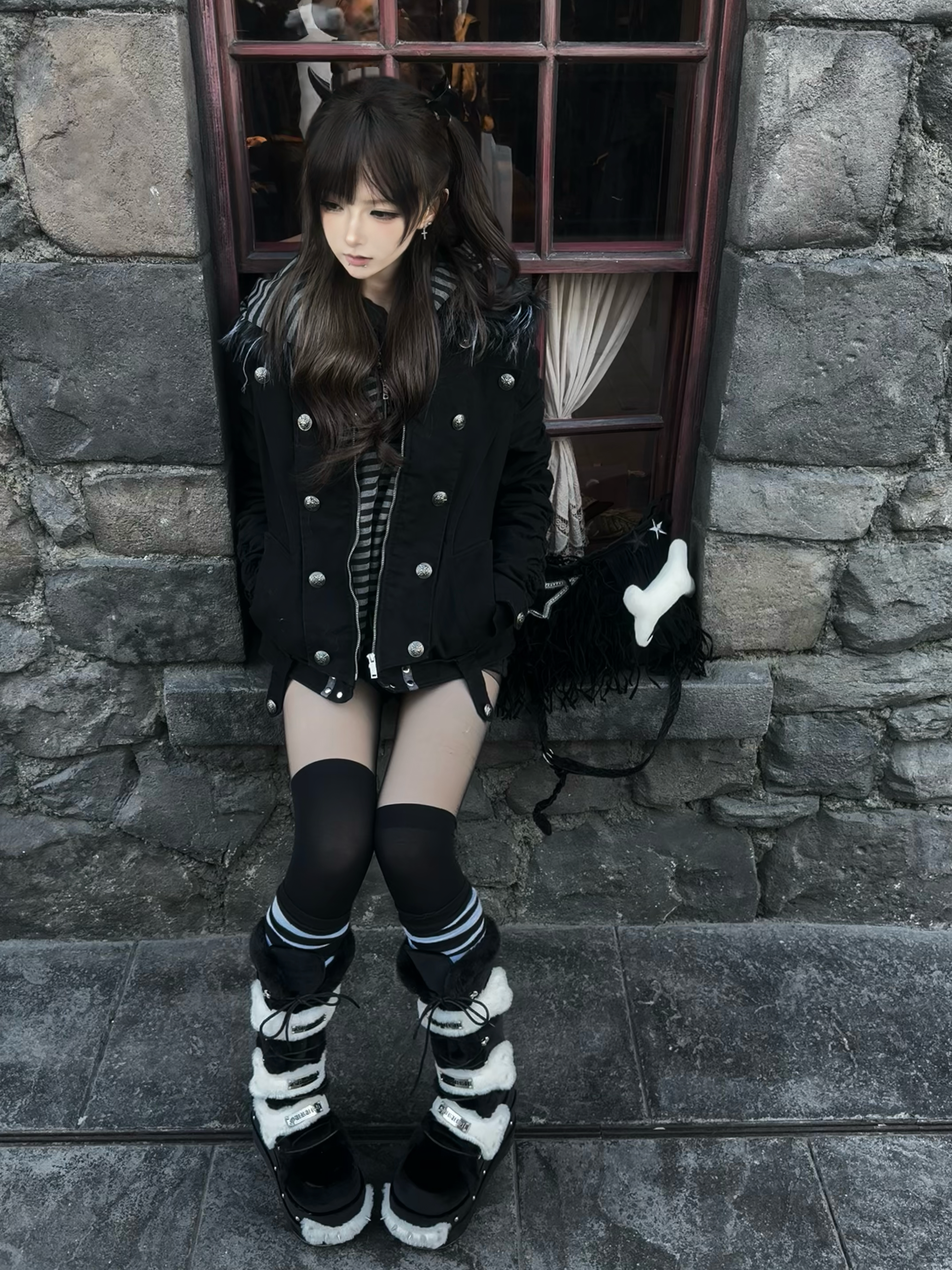 PAIKI Removable Fur Collar Double-breasted Jacket Cotton Jacket