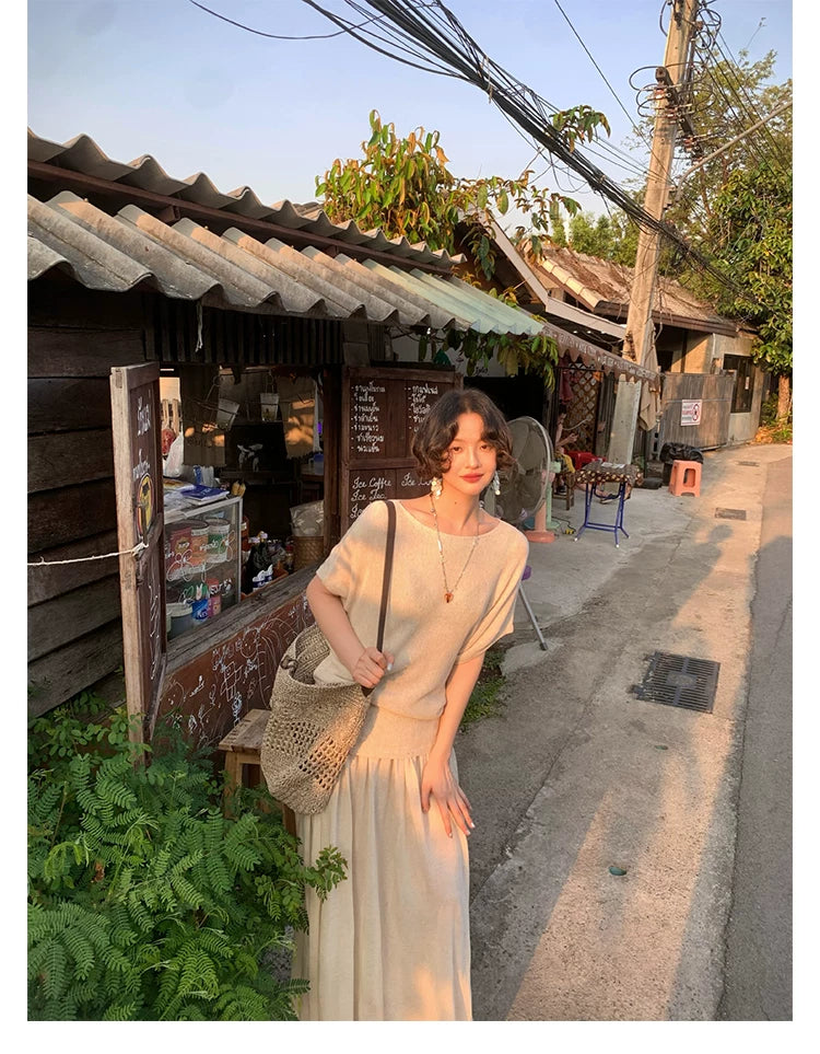 KELIFAN Retro Casual Loose Knitted Top + Skirt Set