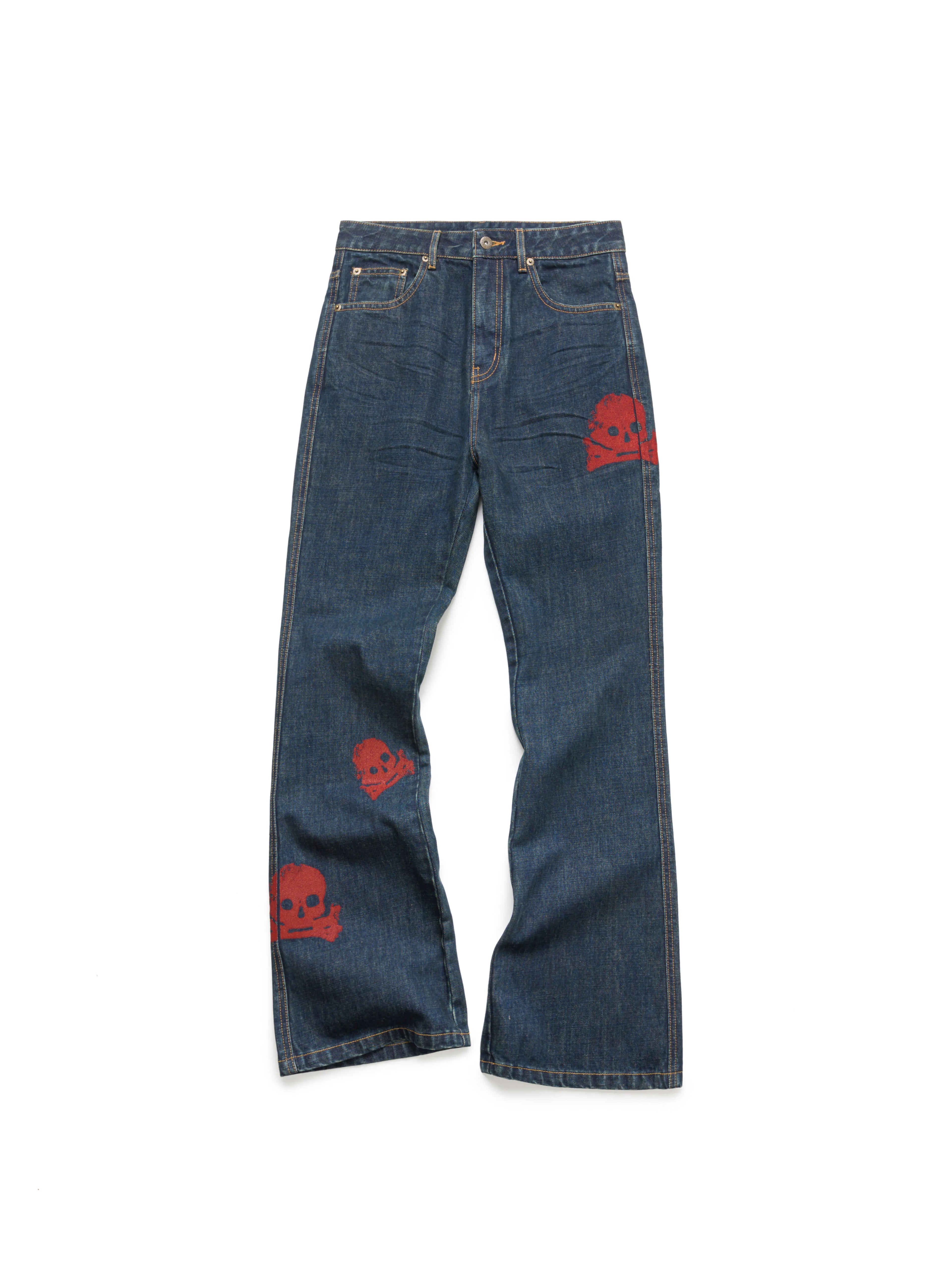 VETERANBOI Chinese Character Skull Print Jeans