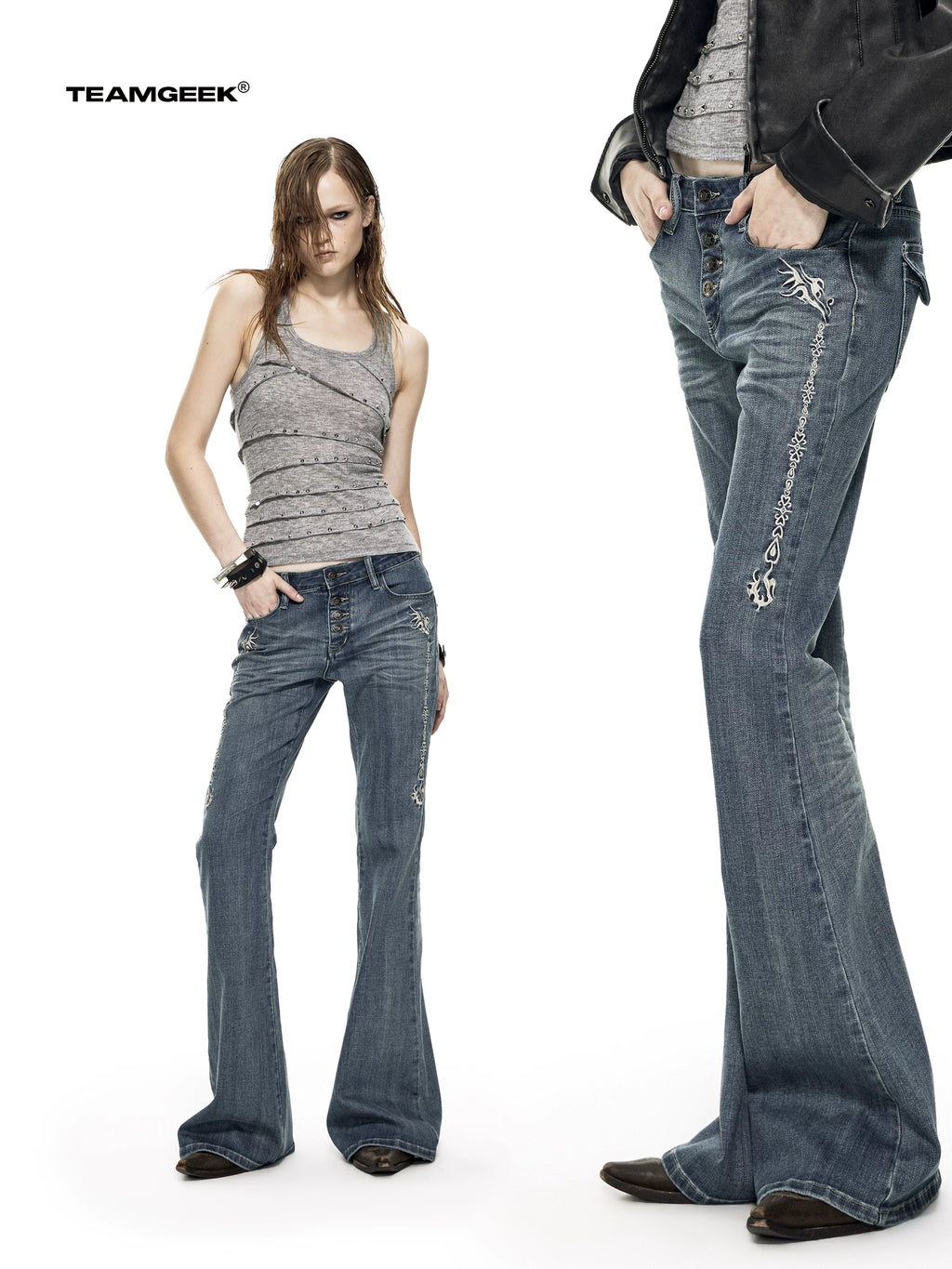 TEAMGEEK Totem-embroidered Stretch-flared Jeans