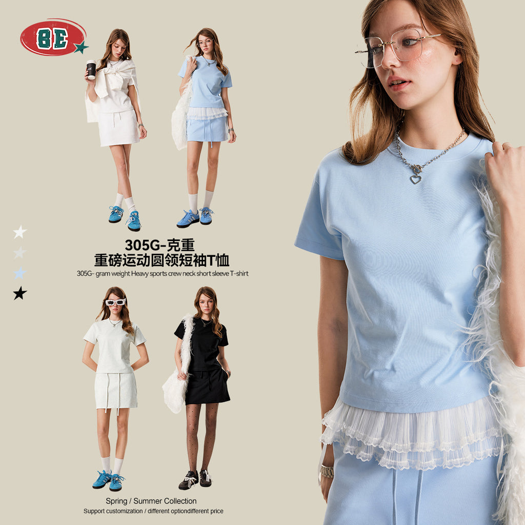 BE Women's Pure Cotton Solid Color 305G Casual Sports Slim Fit T-Shirt