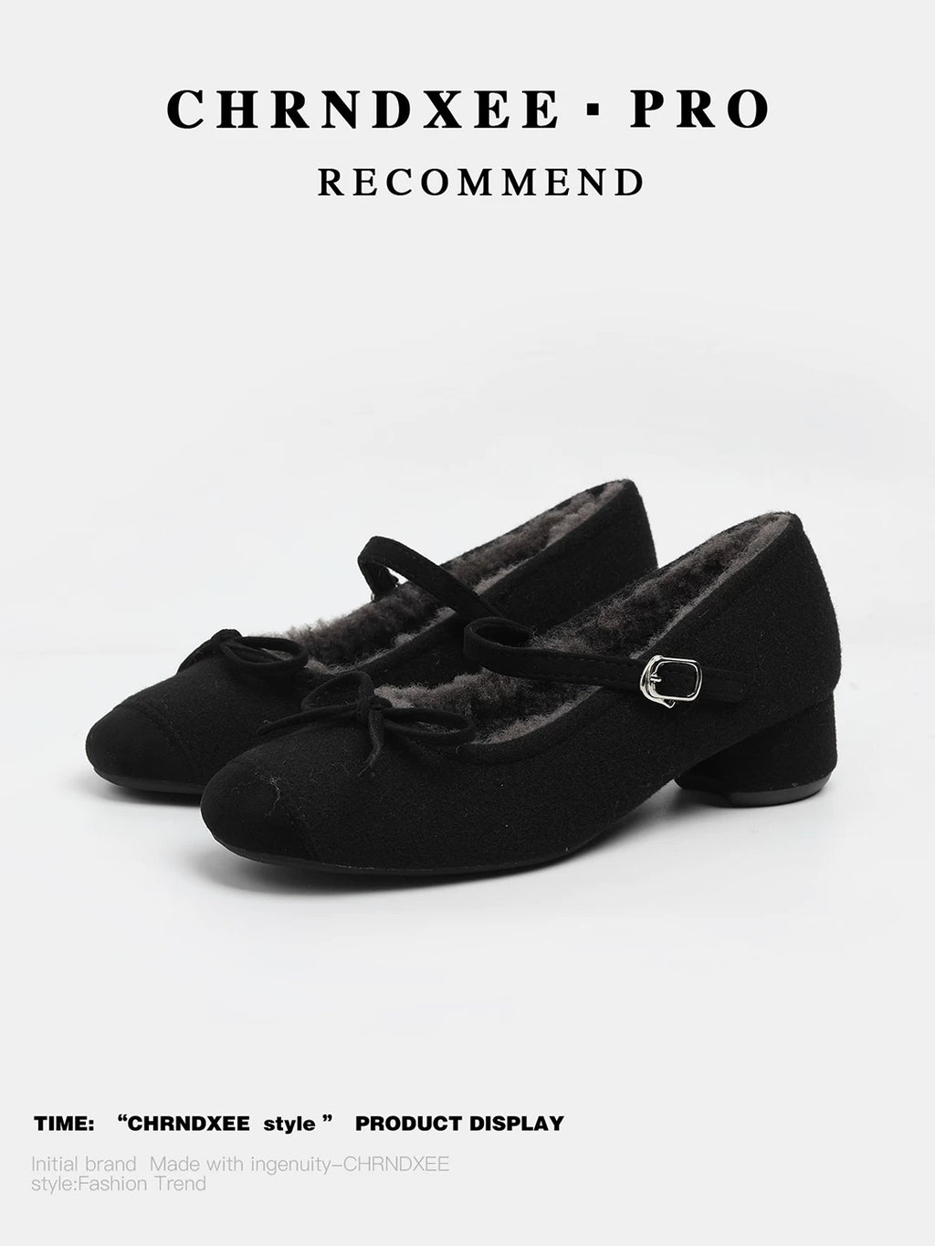 CHRNDXEE Retro Round Head Bow Warm Thick Heel Shoes