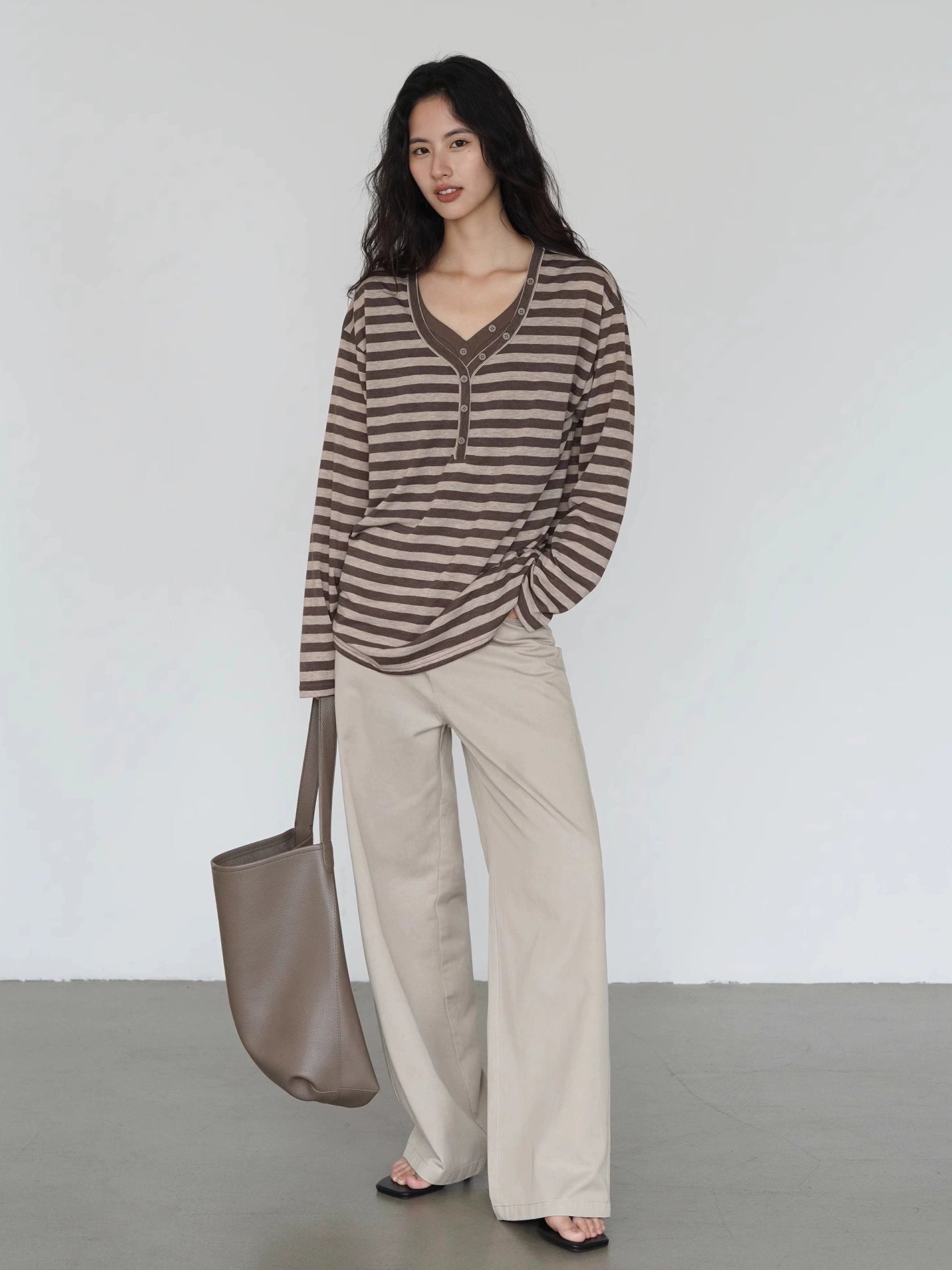 EIGHTHMONTH Lazy Wind Striped V-neck Button Long Sleeve