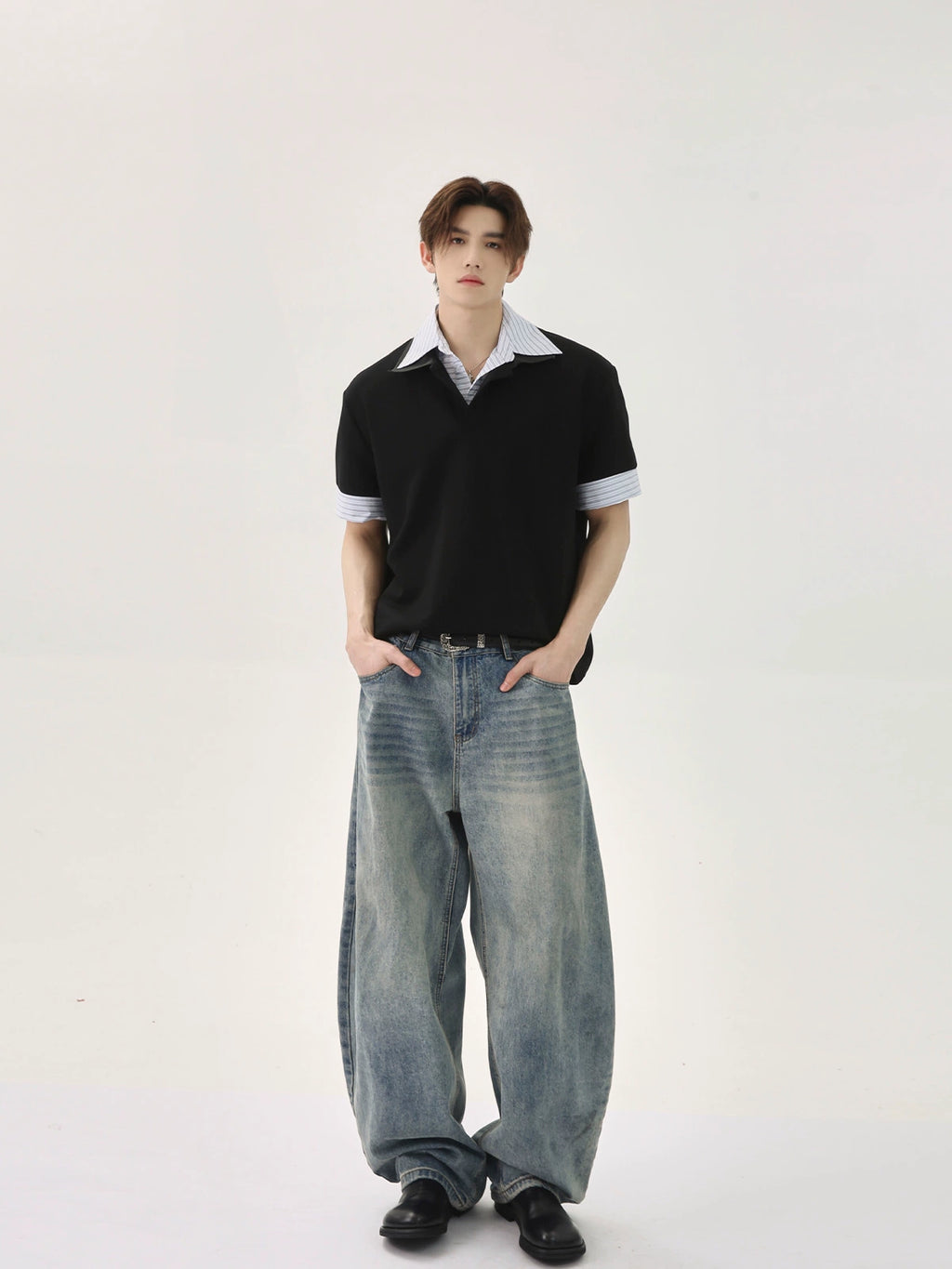 TURNTIDE Spliced Striped Loose Casual Versatile Short-sleeved POLO Shirt