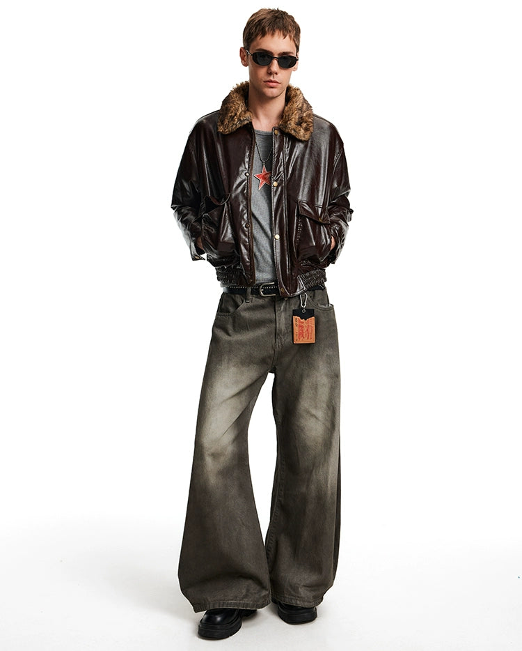 MADWITCH Retro Stitching Fur Collar PU Leather Jacket Cotton Jacket