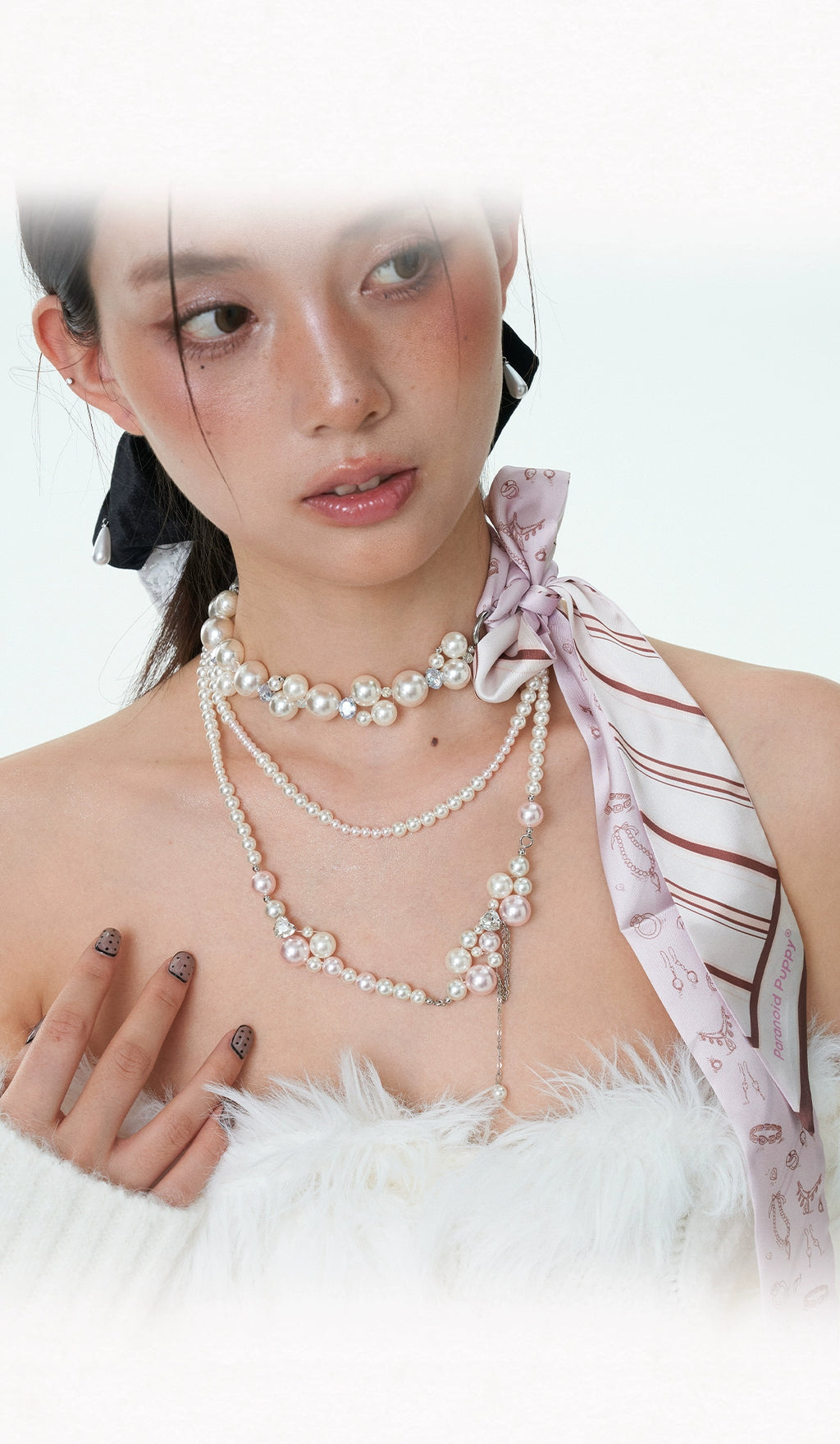 ParanoidP Temperament Light Luxury Bow Silk Scarf Pearl Necklace