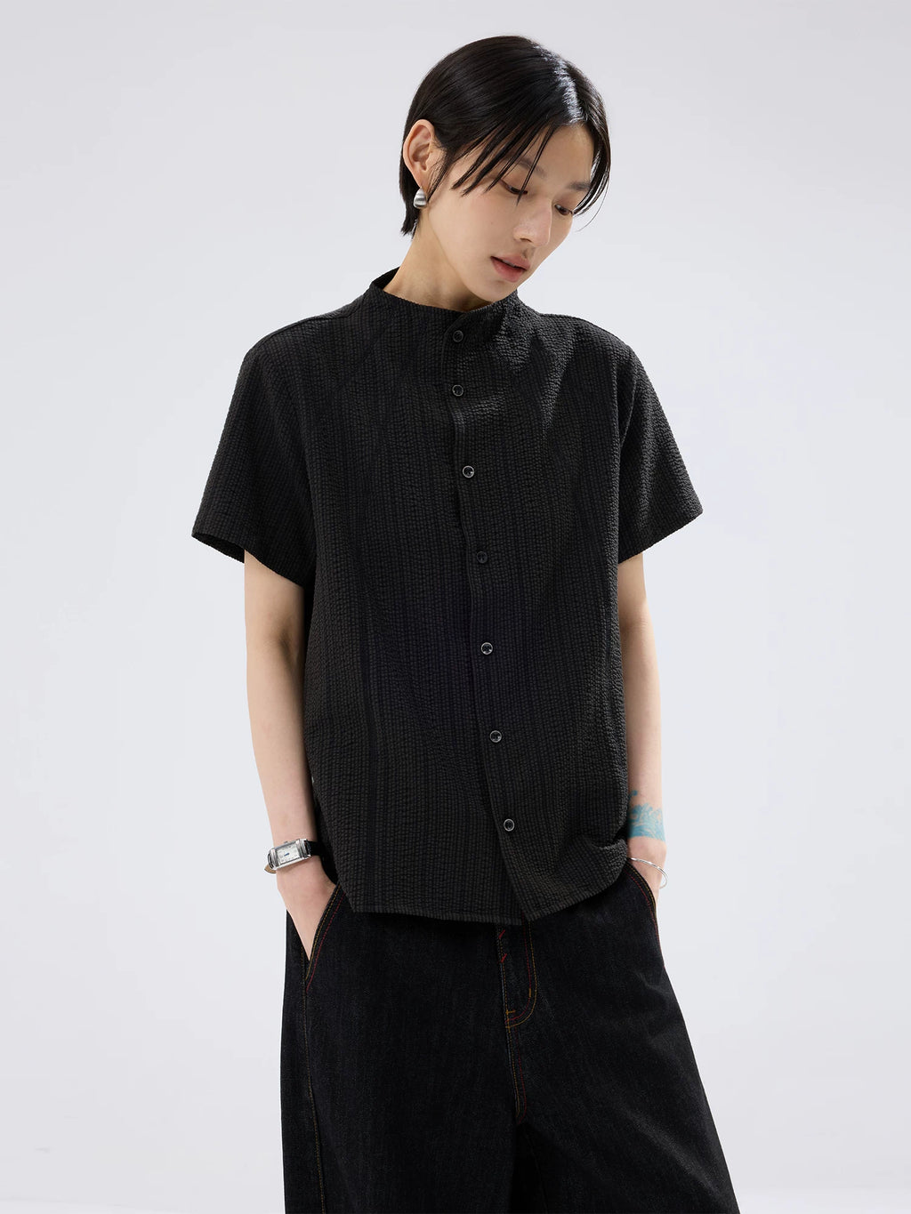 Sameuoo Small Stand-collar Striped Short-sleeve Shirt