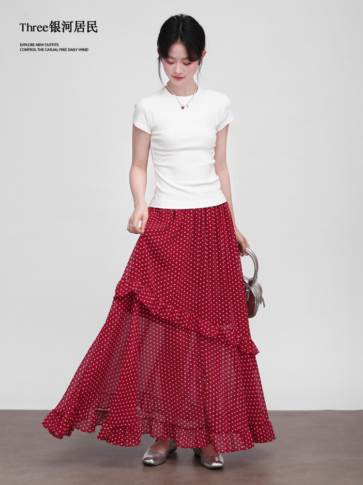 Three High Waist Thin Irregular Ruffle Edge Polka Dot Skirt