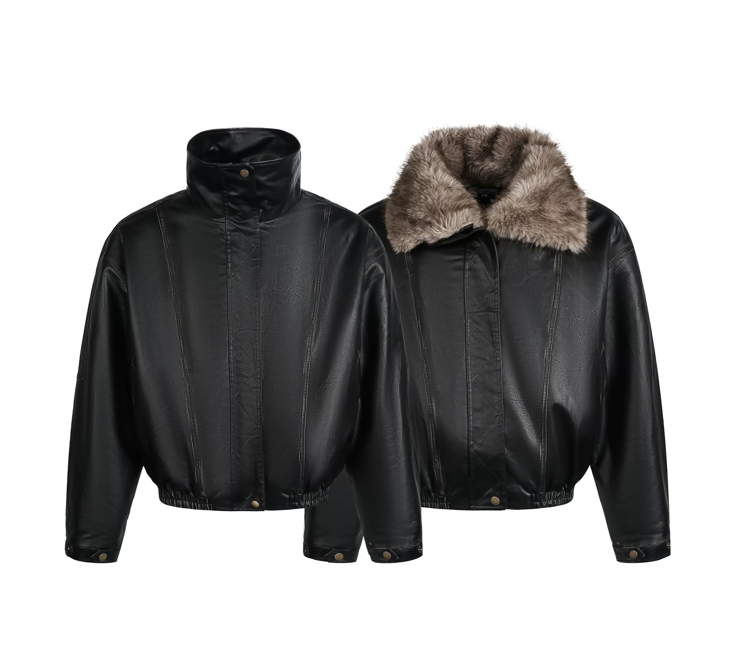 Saimt Retro Fur Collar Pu Leather Jacket