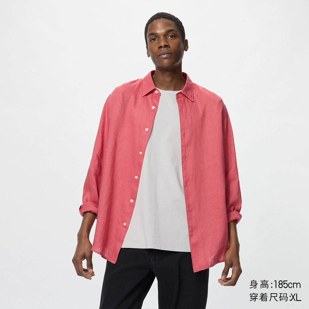 Uniqlo Men's and Women's French Hemp Shirt/Long Sleeve Shirt Linen Casual 25 Spring and Summer New 477641