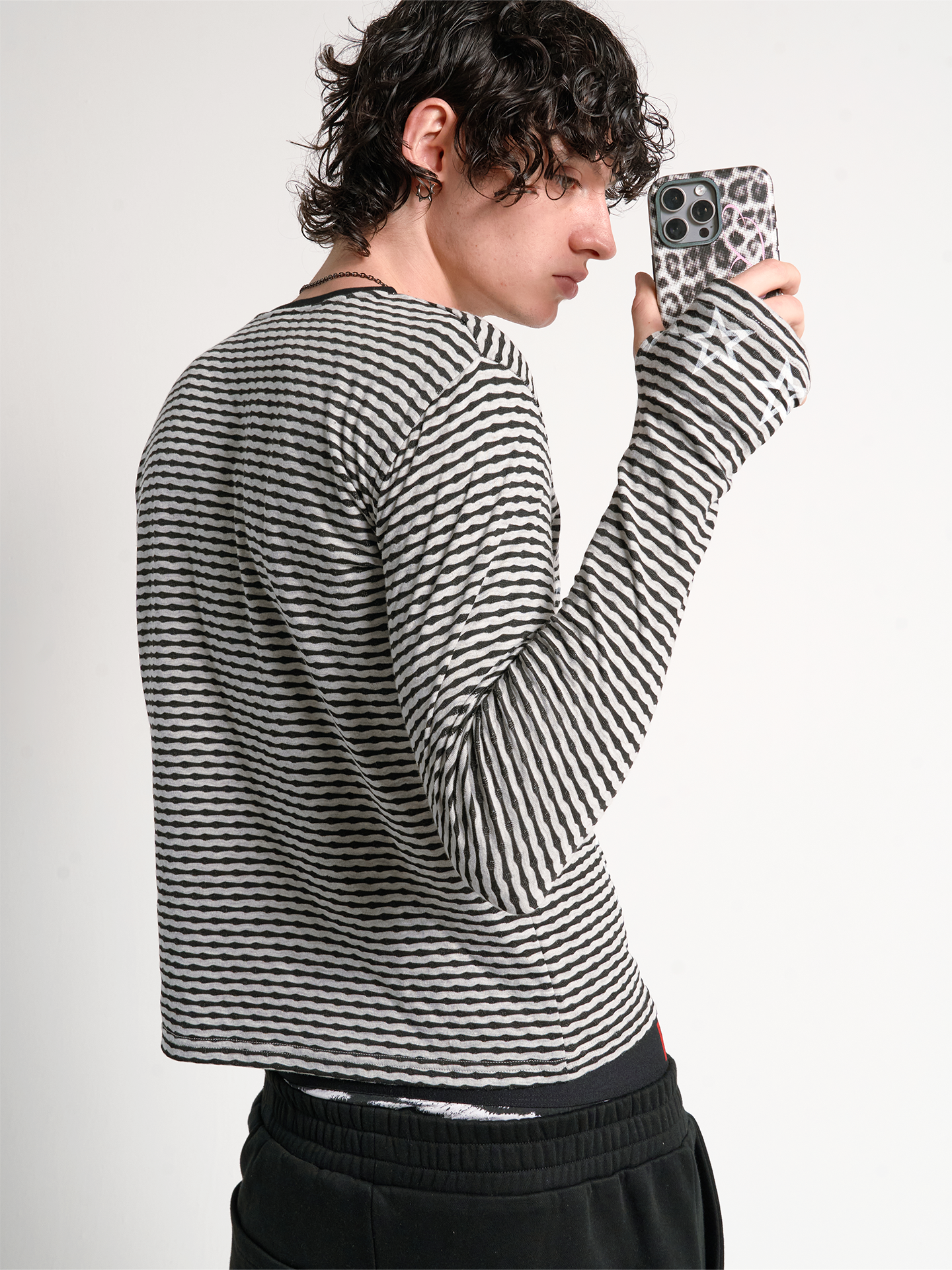 NoEmosen Stripe Print Splicing Crew Neck Long Sleeve