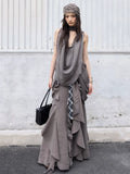 JNYLON Vintage Pleated Ultra Low Swinging Neck Lace-Up Vest