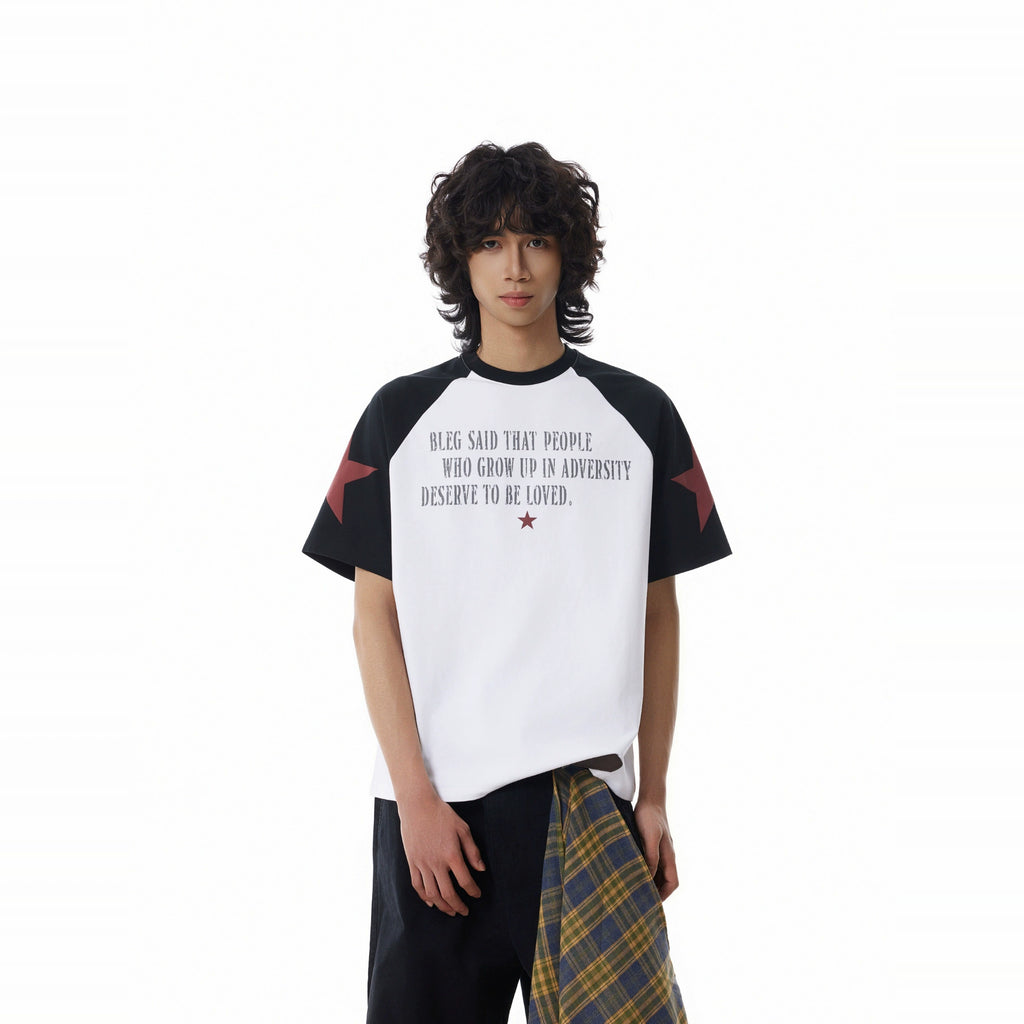 BTSG Red Star Slogan Splicing Rough Sleeve Tee