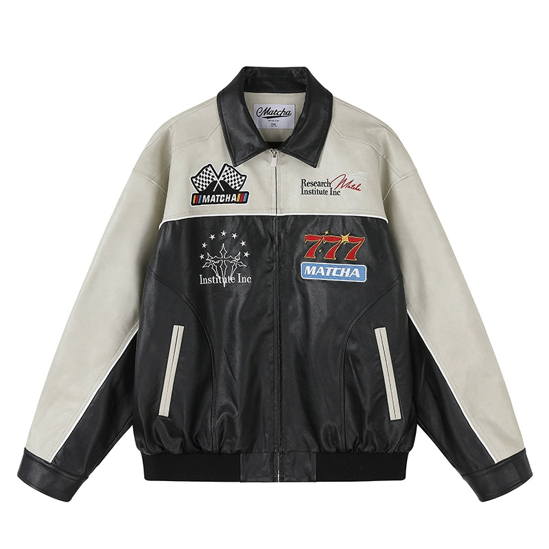 MATCHA STORY Locomotive Wind Embroidered Pu Leather Jacket