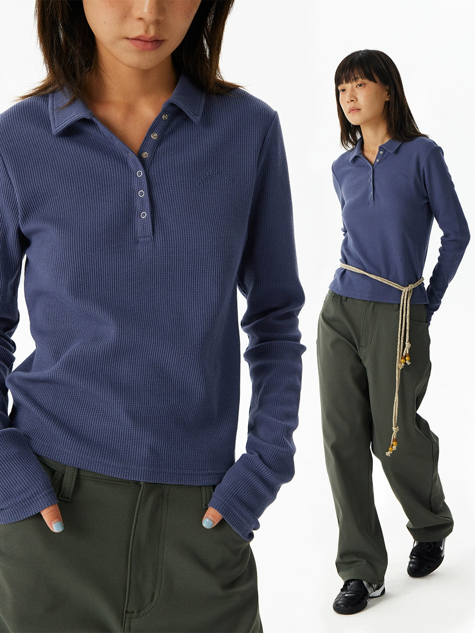 CryingCenter Quick-drying Waffle Shoulder Slim-fit Long Sleeve Polo Shirt