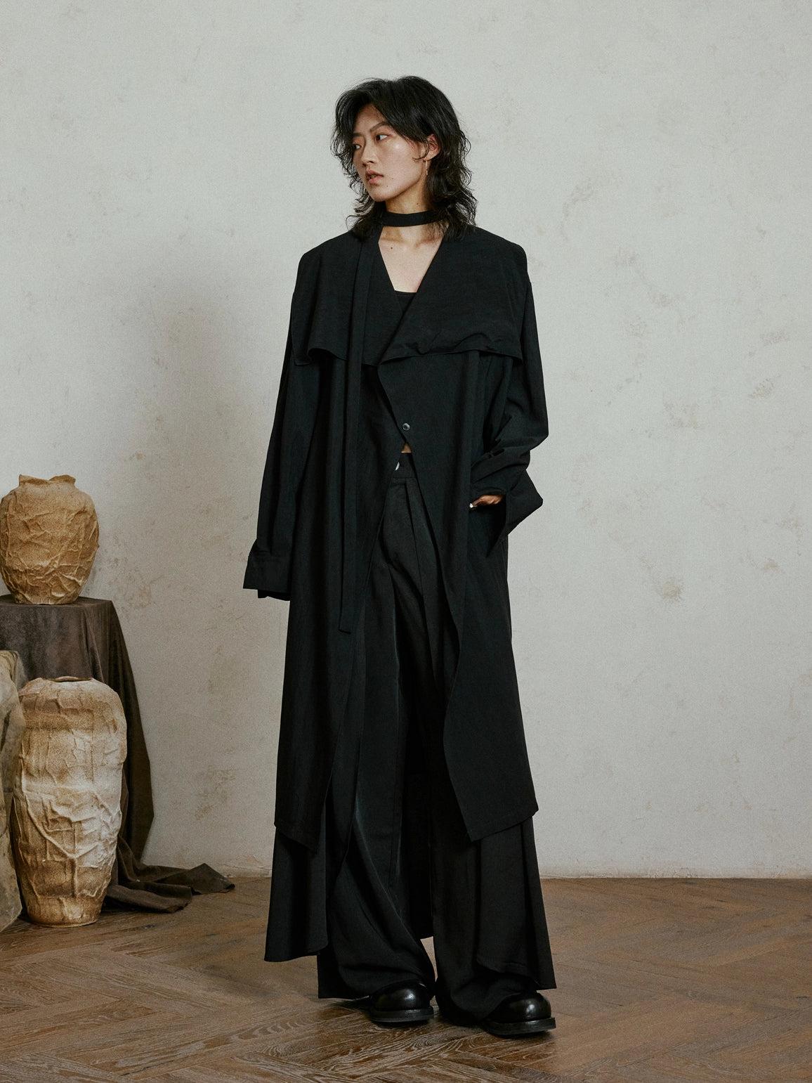 SUNYVONNE Cross-neck One-button Trench Coat