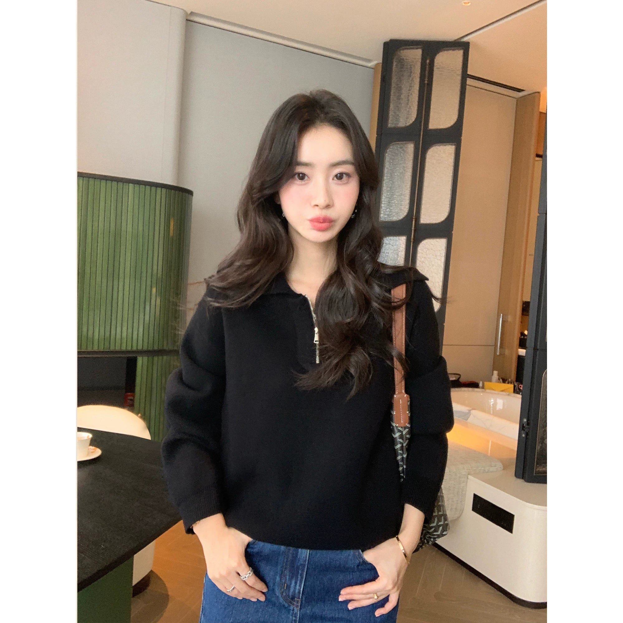 Pusumede Loose Thermal Lapel Knitted Sweater
