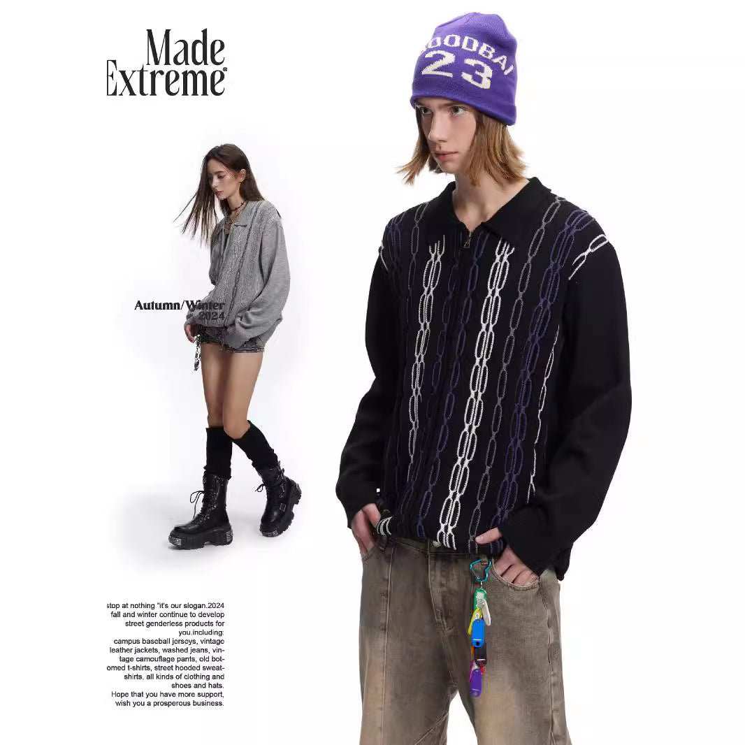MADEEXTREME Jacquard Thick Needle Premium Zipper Knitted Sweater