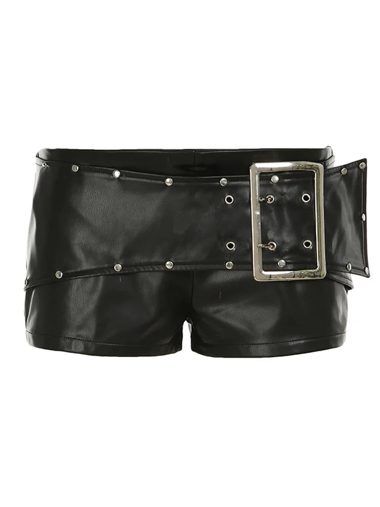 FUNOFF Vintage Leather Metal Buckle Low Waist Shorts