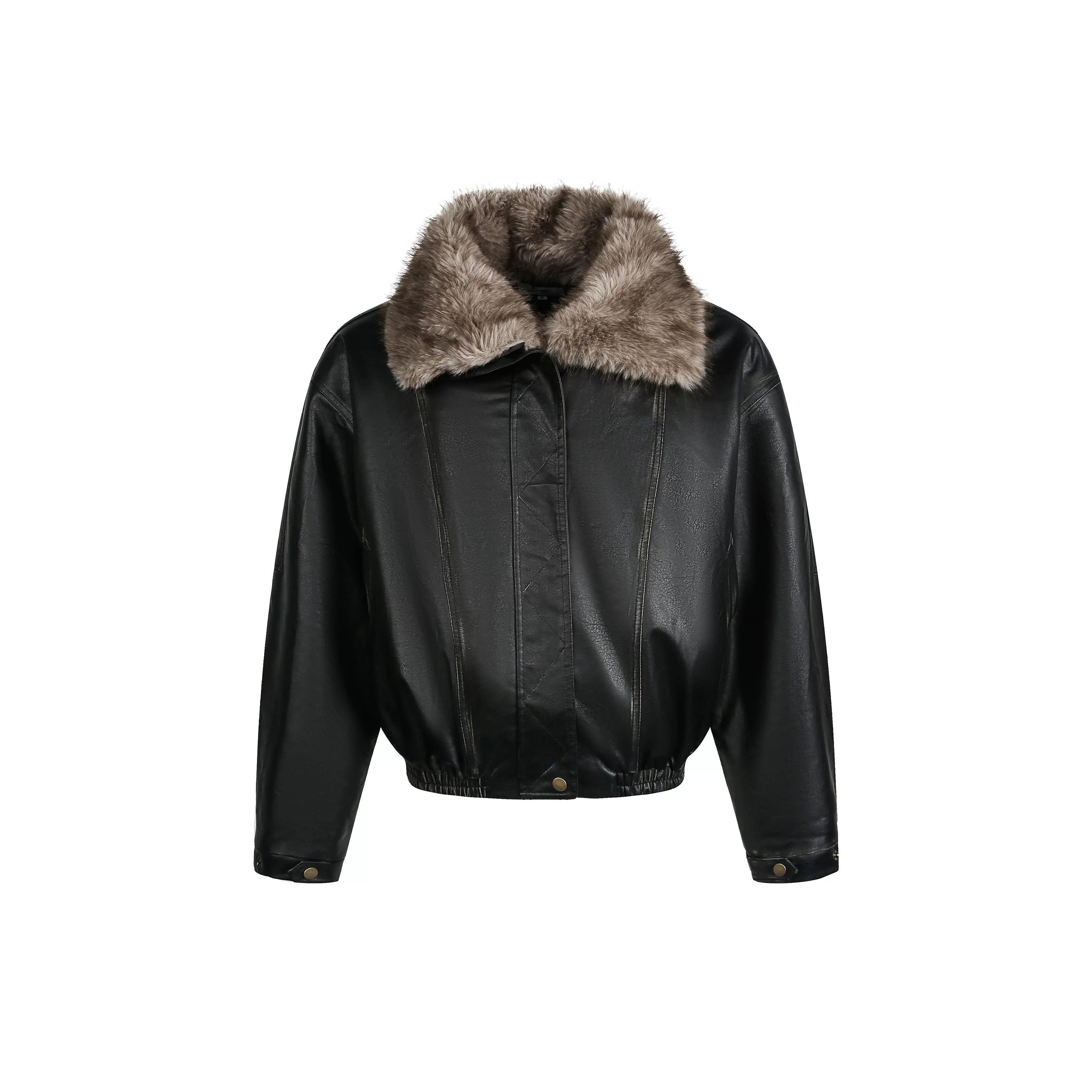 Saimt Retro Fur Collar Pu Leather Jacket