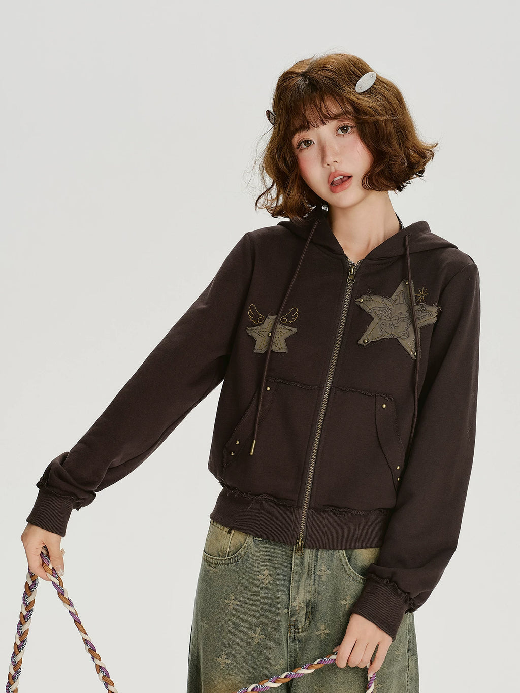 Girlyhalo Vintage Patch Embroidered Hooded Sweater Jacket