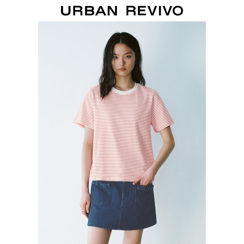 URBAN REVIVO Contrast Striped Crew Neck Short Sleeve T-Shirt