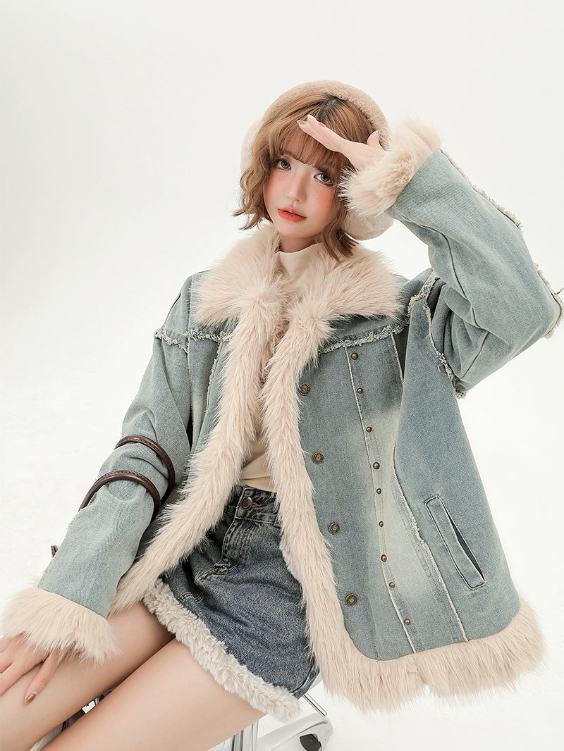 Girlyhalo Vintage Plush Denim Jacket
