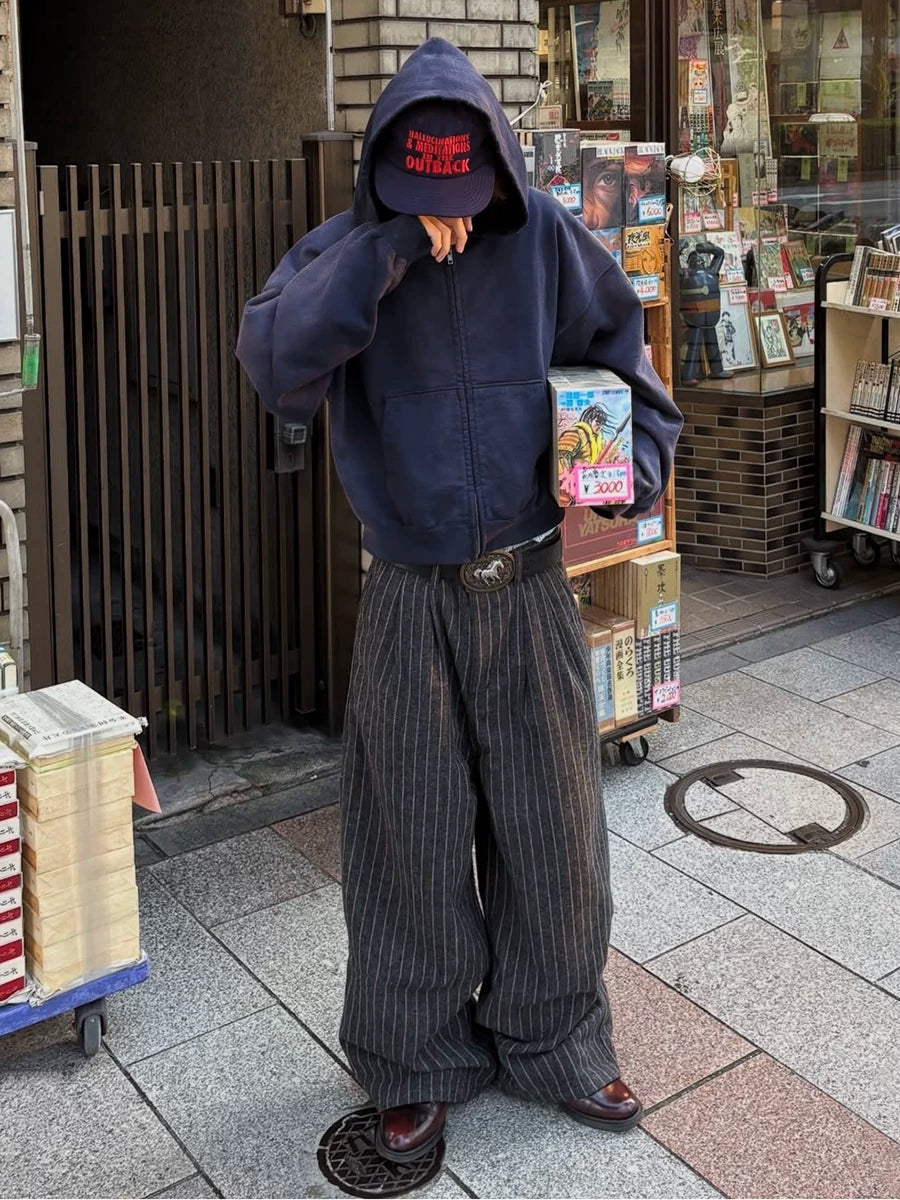 FTS Striped Thickened Wool Straight Loose Wide Leg Pants