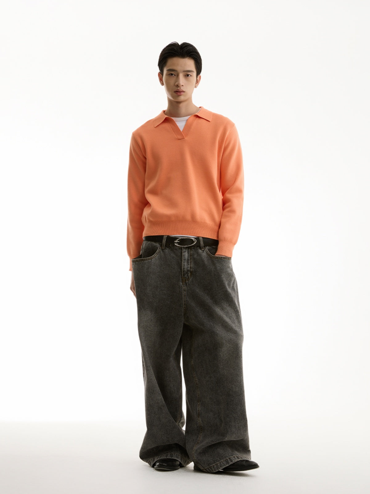 FUNKYFUN Plain Weave Polo Lapel-neck Knitted Sweater