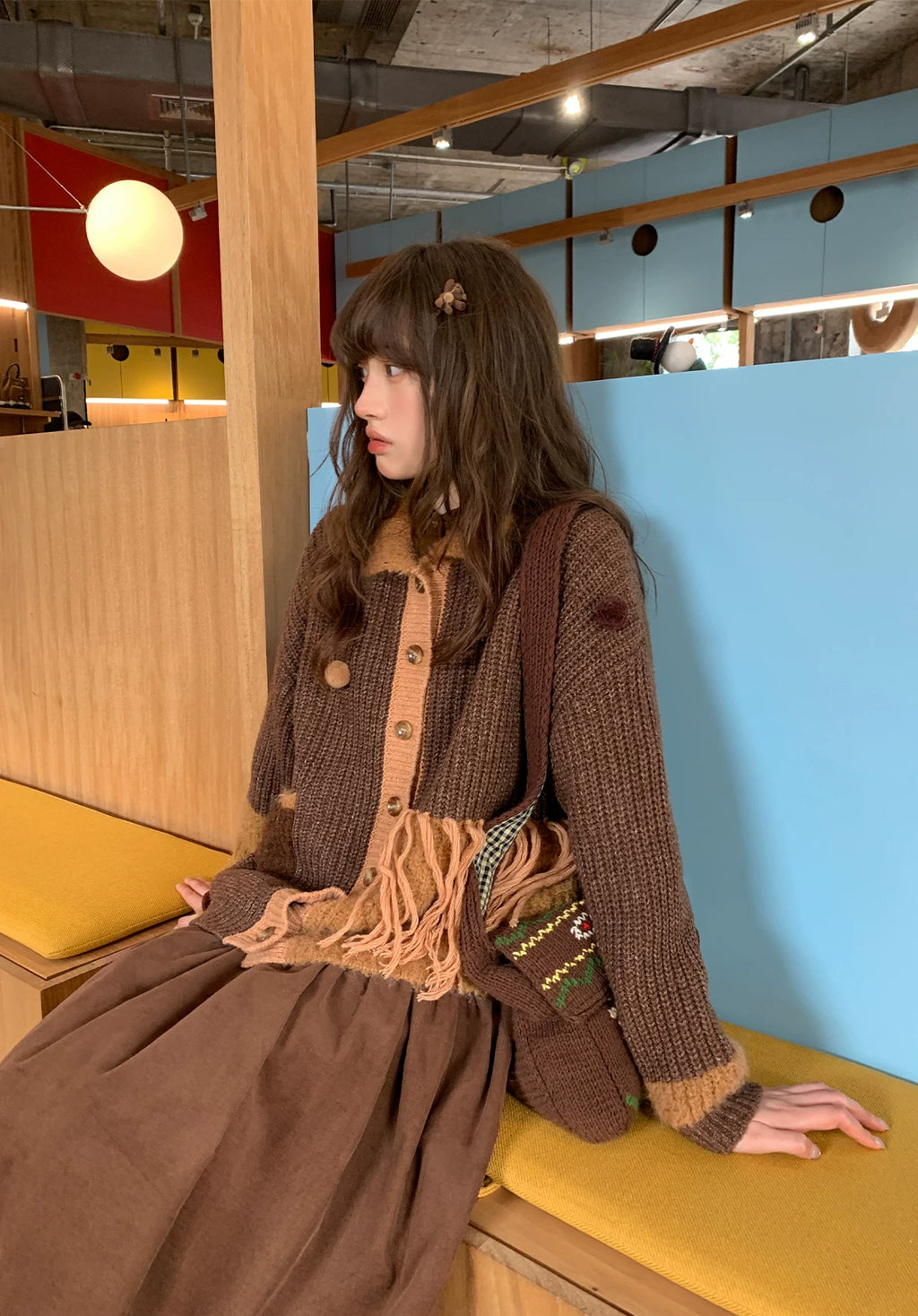 Kano Retro Contrasting Tassel Hairball Knitted Cardigan