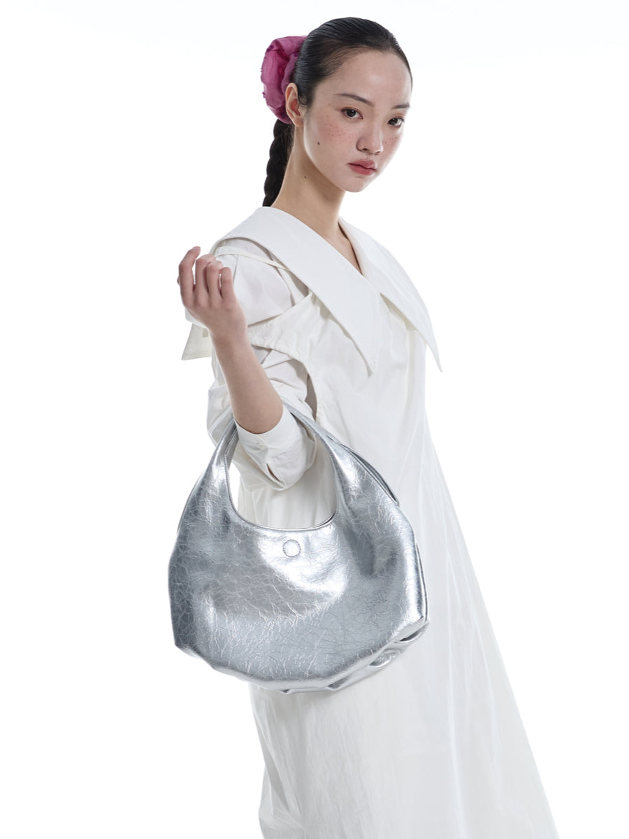 DirtySix Fuka bento bag soft pleated shiny leather shoulder underarm bag.