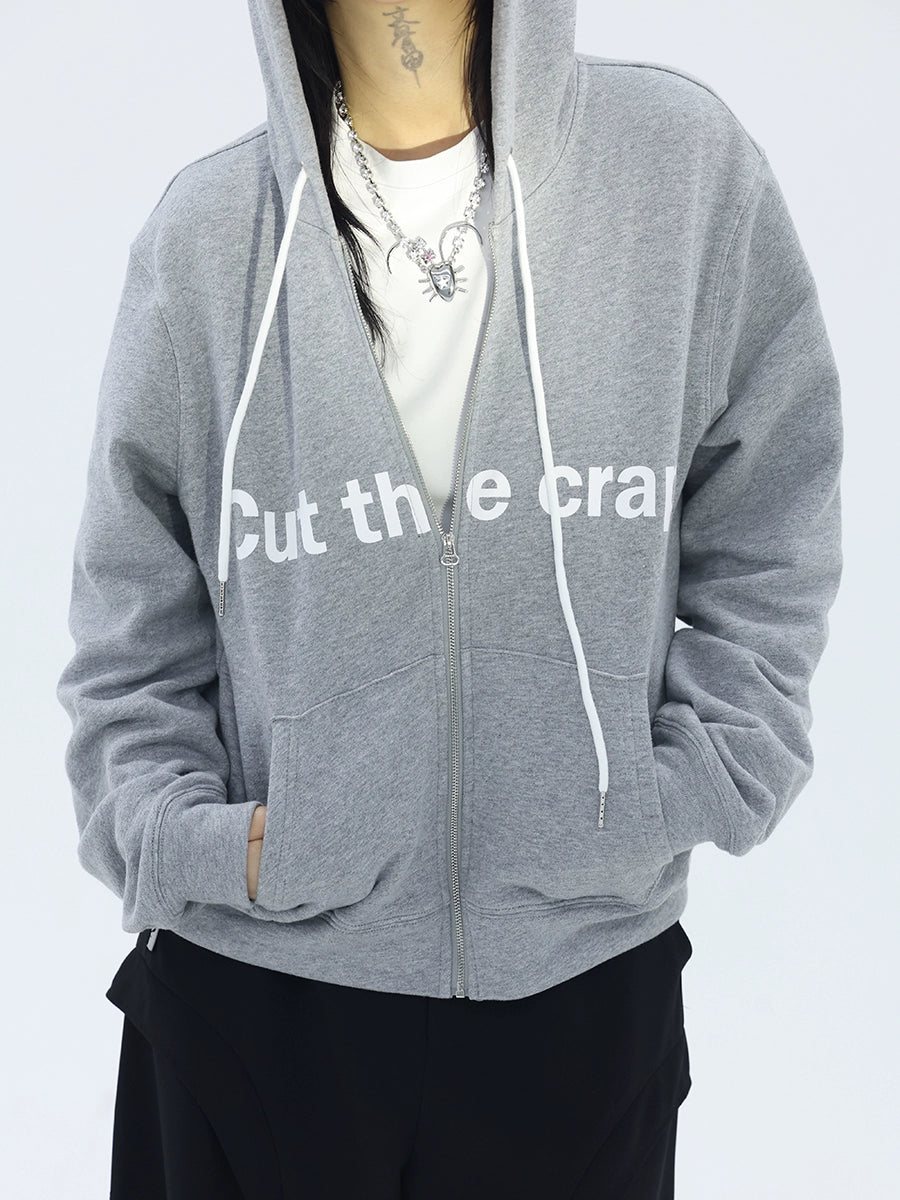 FUZZYKON Drawstring Hooded Letter Front Shoulder Sweater Jacket