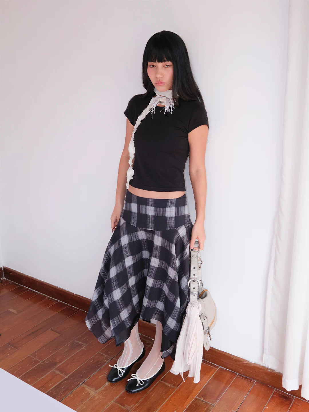 FUNKYFUN Plaid Irregular Hem Mid-length Skirt