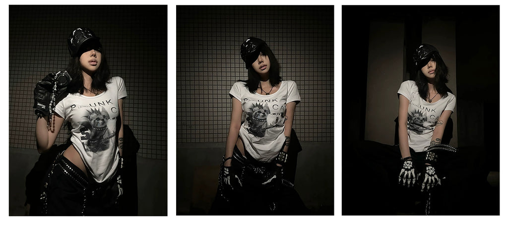 PAIKI Punk Kitty Retro Animal Print Slim Tee