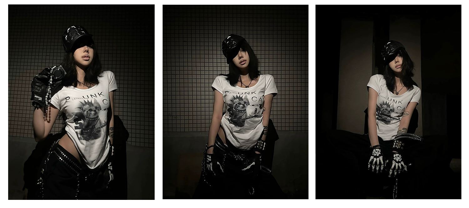 PAIKI Punk Kitty Retro Animal Print Slim Tee