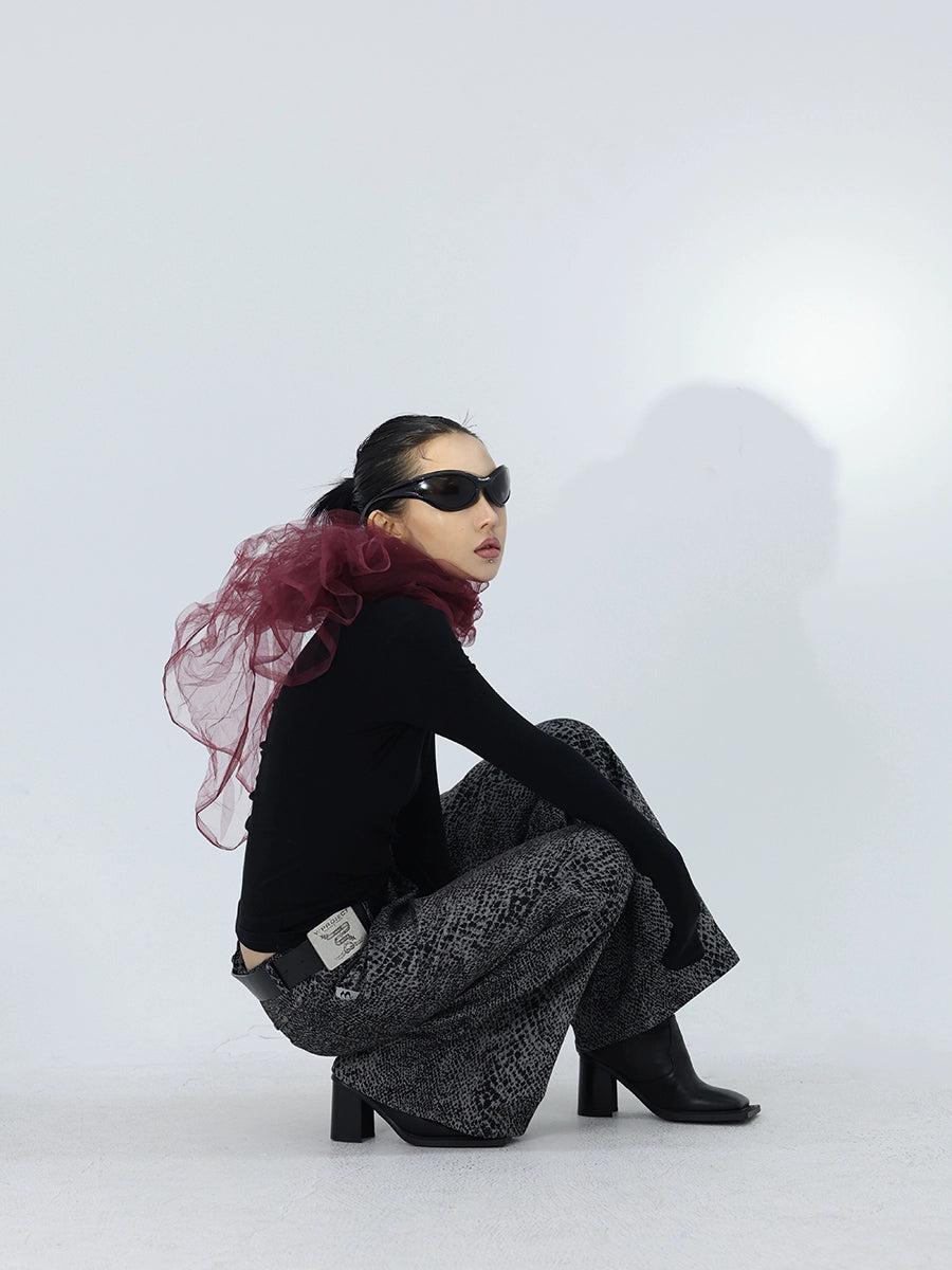 FUZZYKON Zipper Trim Straight Rivet Snake Jeans