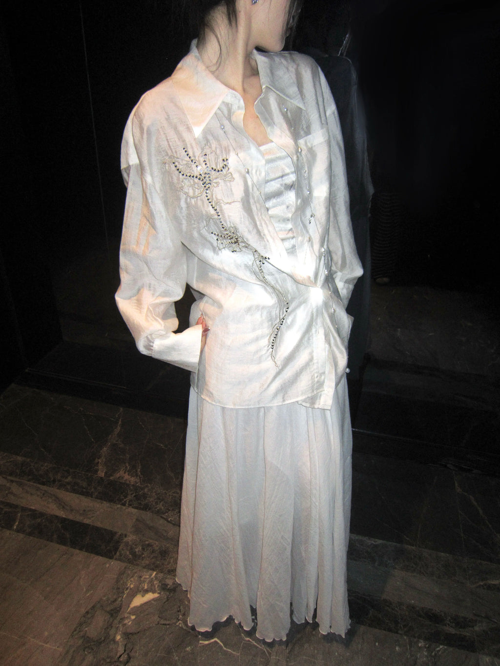 LOUMUTAKU Jacquard Tencel Bead Embroidered Loose Shirt