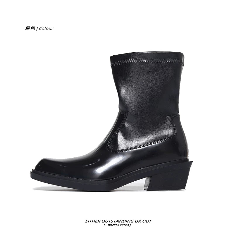 SHENLV STUDIO Glossy Side Zipper High Heel Square Head Leather Shoes