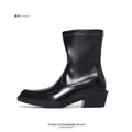 SHENLV STUDIO Glossy Side Zipper High Heel Square Head Leather Shoes