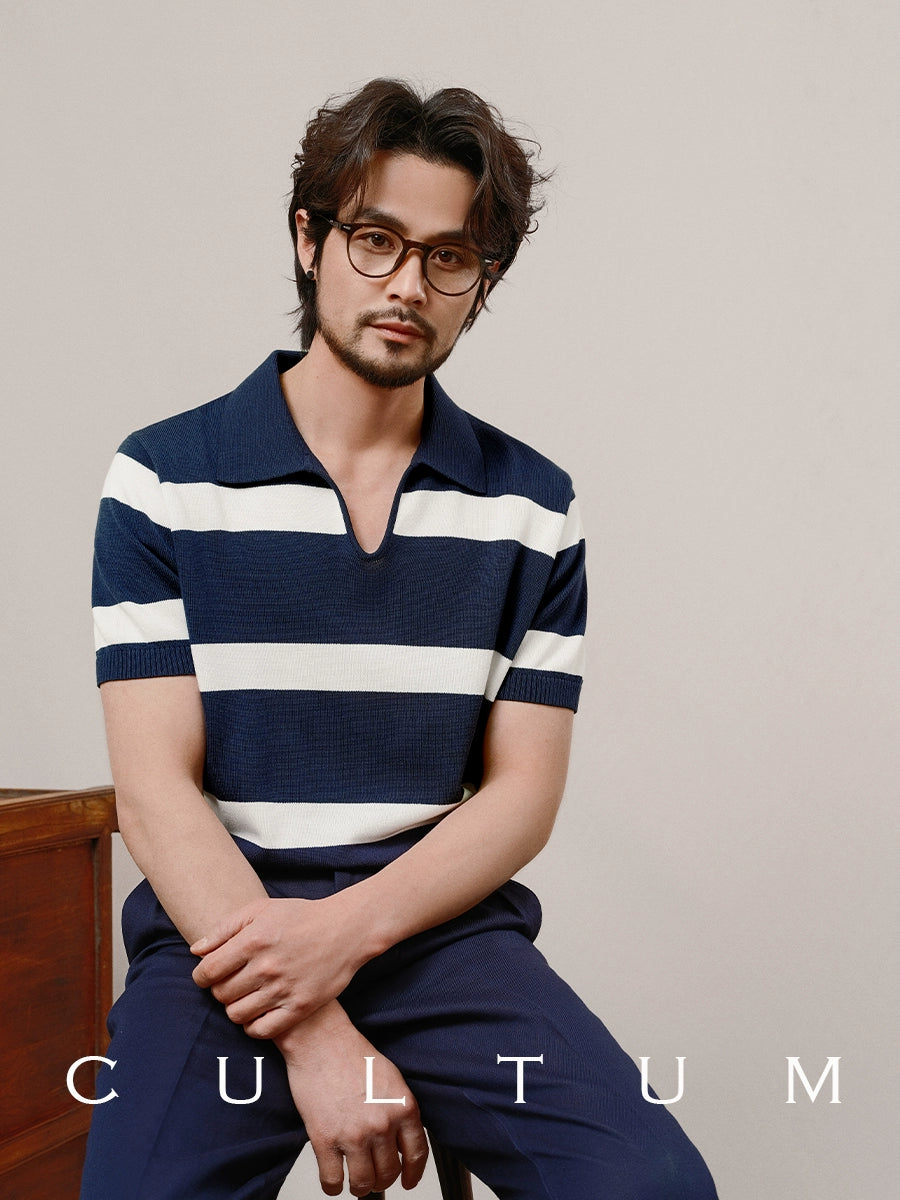 CULTUM Buckle-free Lapel Striped Slim-fit Knitted Short-sleeved Polo Shirt