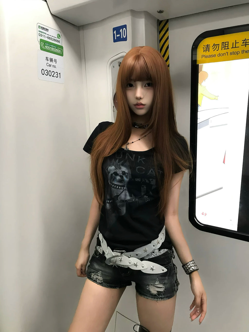 PAIKI Kitten Print Slim Large Collar Tee