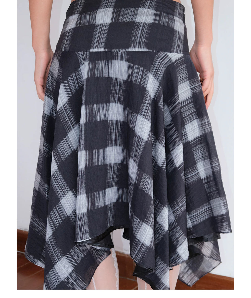 FUNKYFUN Plaid Irregular Hem Mid-length Skirt