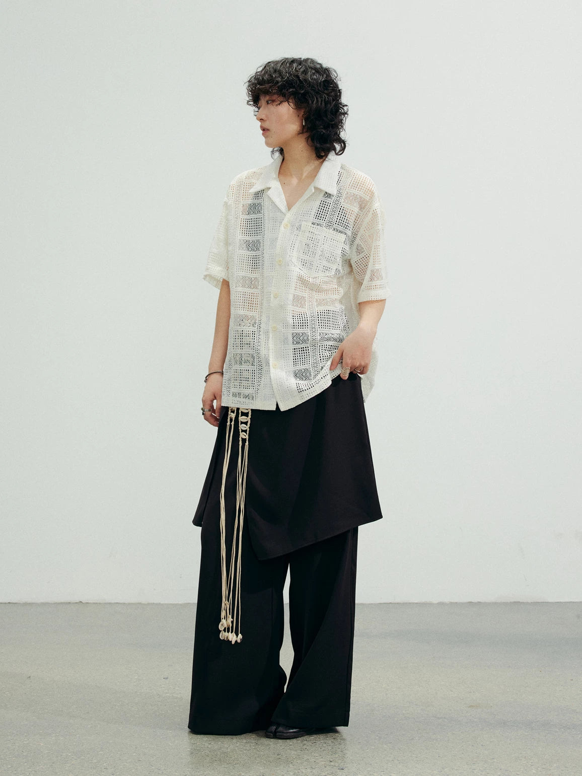 SUNYVONNE Hollow-out Sheer Casual Short-sleeve Shirt