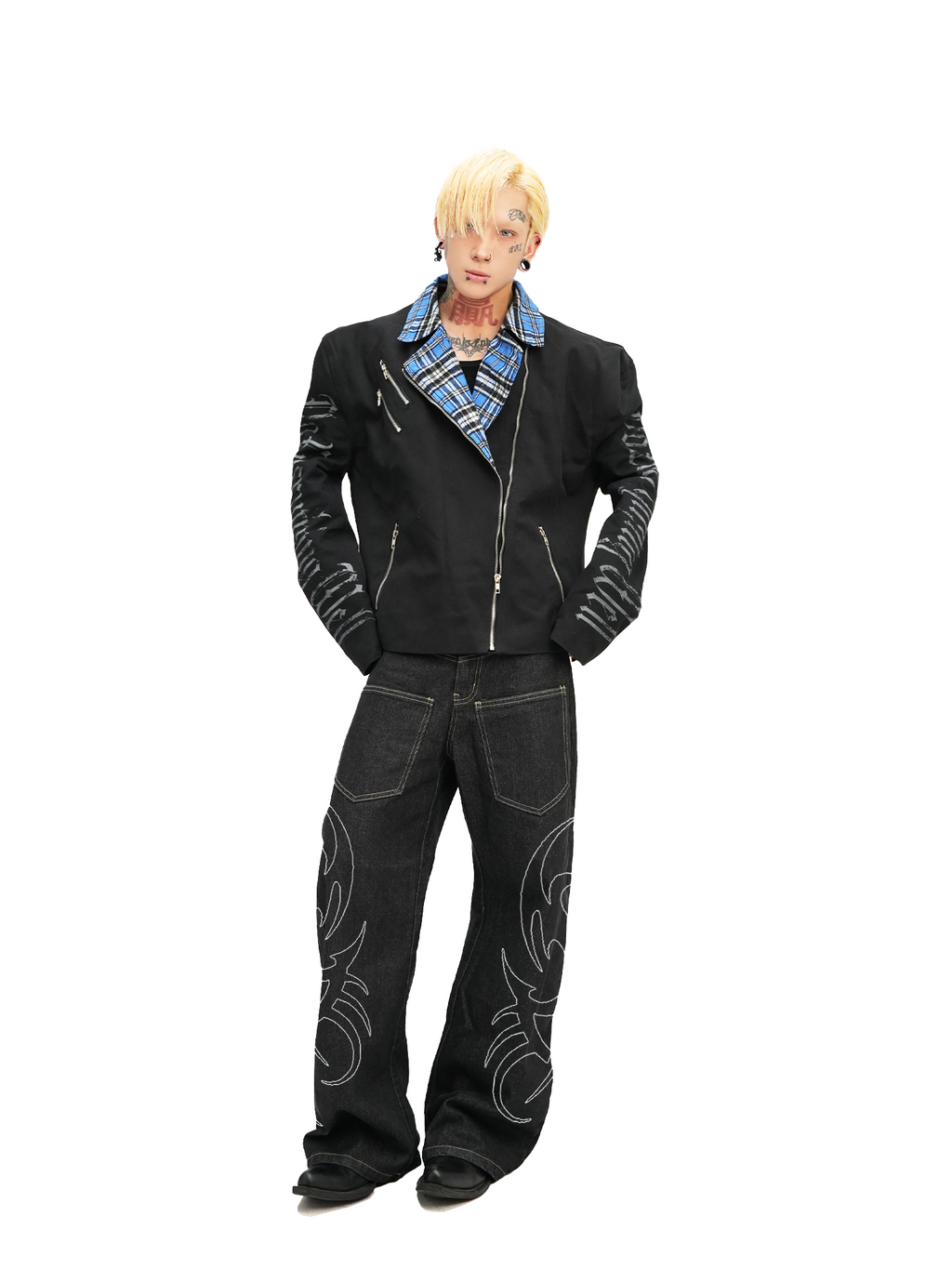 DETW 25ss * "greed" original heavy industry front shoulder diagonal placket zipper slim plaid splicing short wide jacket