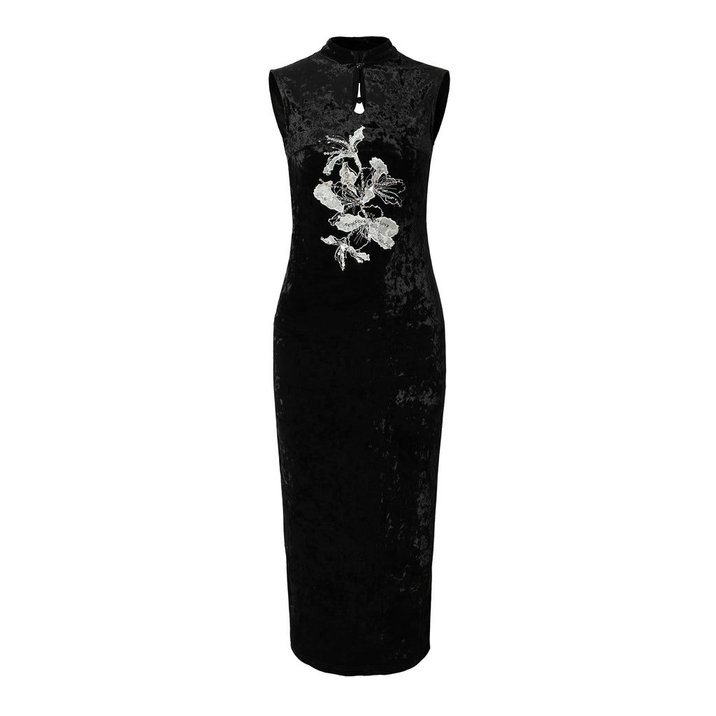 LOUMUTAKU Three-dimensional Lace Embroidered Velvet Cheongsam Dress