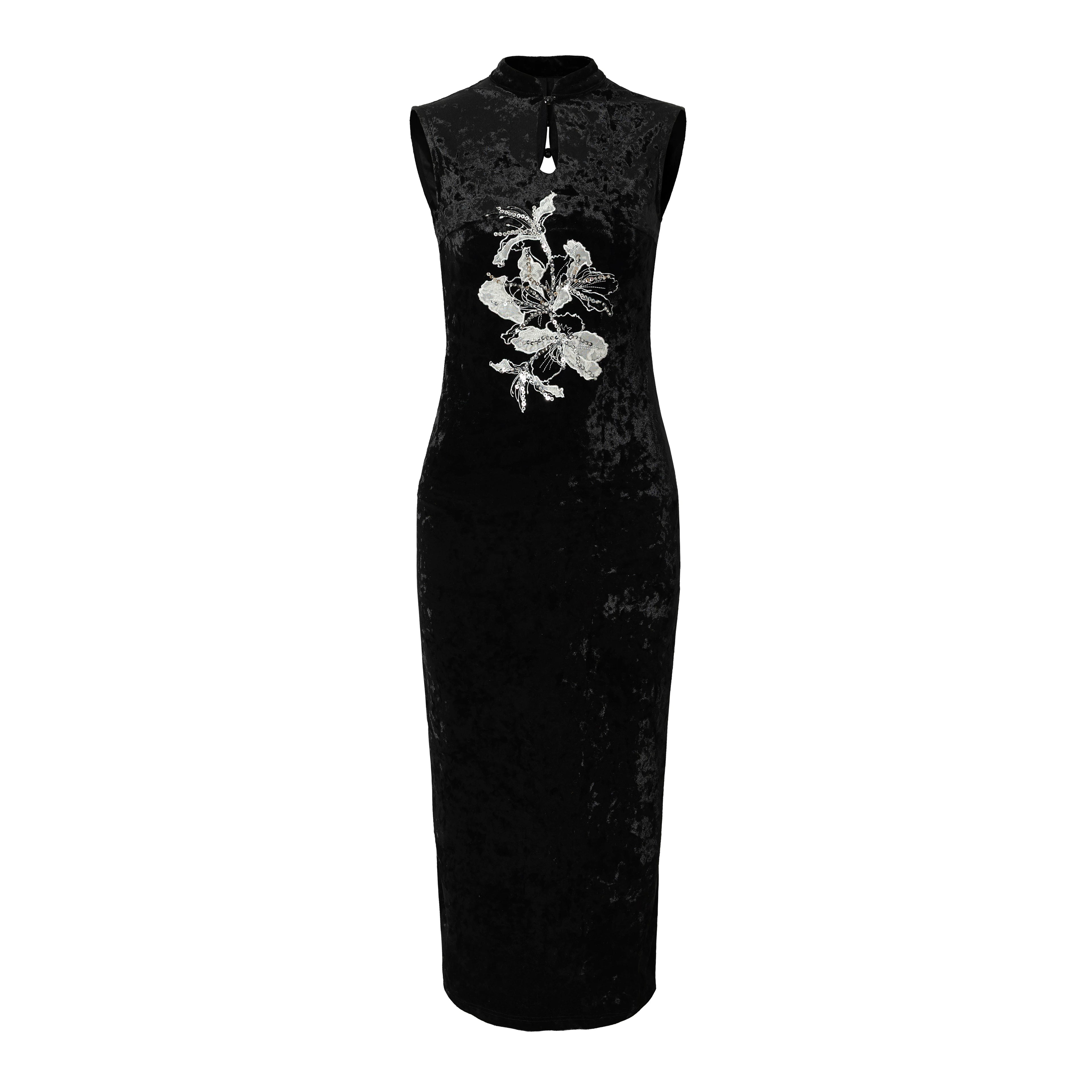 LOUMUTAKU Three-dimensional Lace Embroidered Velvet Cheongsam Dress