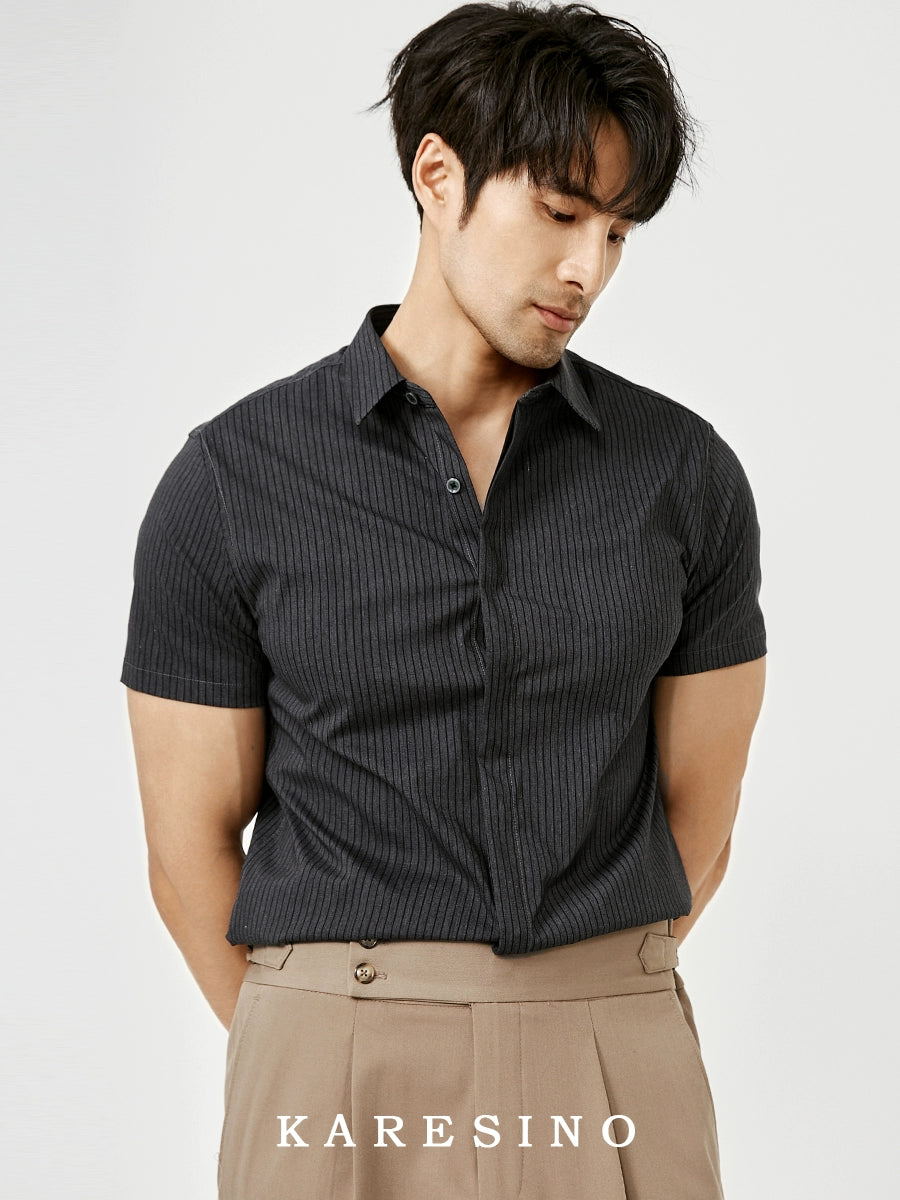 KARESINO Slim Fit Ice Silk Casual Striped Short Sleeve Shirt