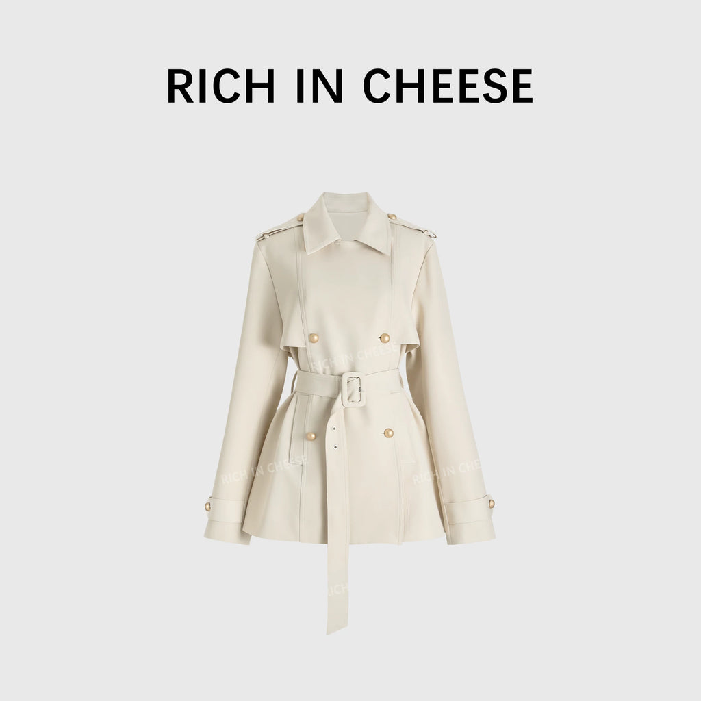 RICH IN CHEESE Lapel Double-breasted Waist Short Lace-up Trench Coat