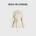 RICH IN CHEESE Lapel Double-breasted Waist Short Lace-up Trench Coat